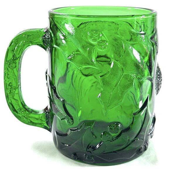 Vintage Emerald Green Santa Face Glass Mugs Set of 2 Christmas 4” - Picture 6 of 9